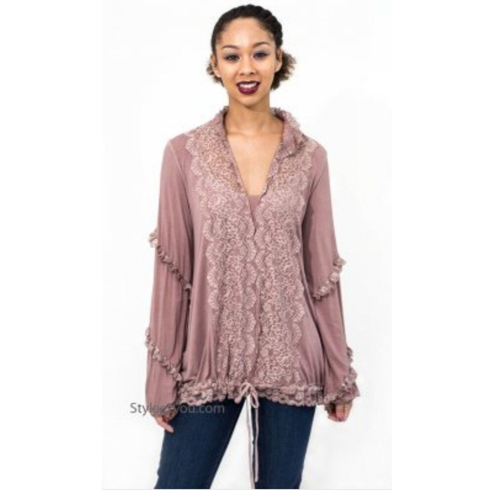 Women's POL Brenda Lace Detailed Long Sleeve Blouse Waist Drawstring Mauve Small